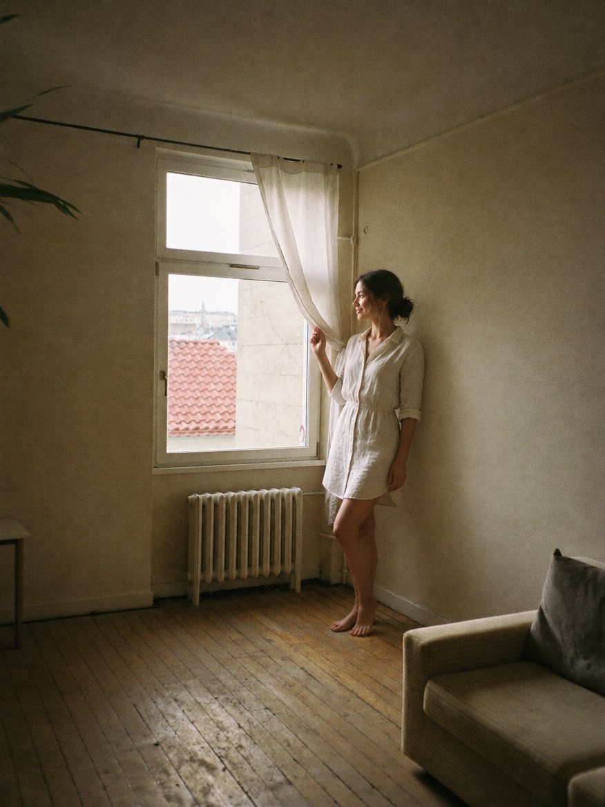 The same room: a woman stands on the marked spot by the window, side-lit, holding the curtain